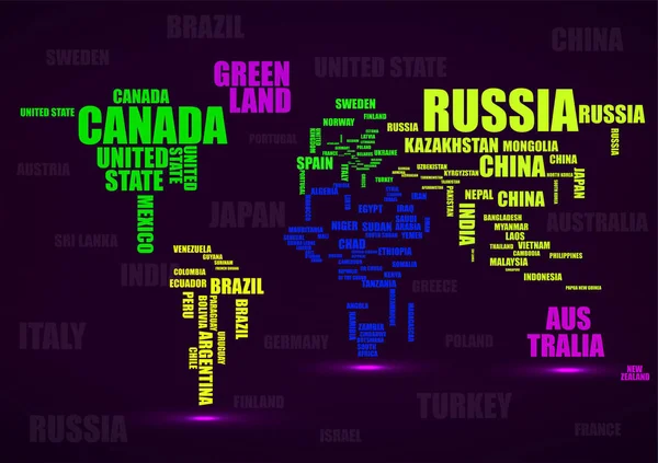 Typografi färgglada världskartan med landsnamn. Vektor — Stock vektor