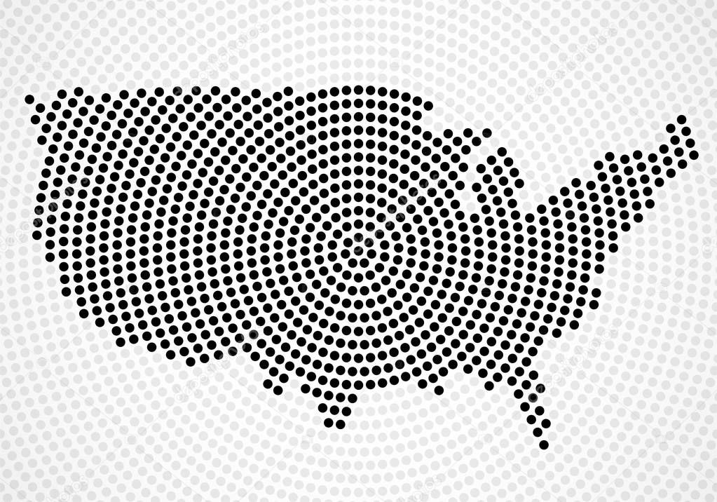Abstract USA map of radial dots, halftone concept. Vector