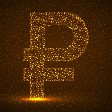 Parlayan parçacıklardan oluşan soyut bir Rus rublesi. Neon finansal sembolü. İzole vektör illüstrasyonu