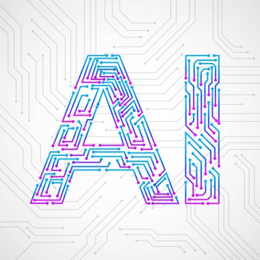 Beyaz arka planda devre kartı olan yapay zeka. Soyut teknoloji konsepti. Vektör illüstrasyonu