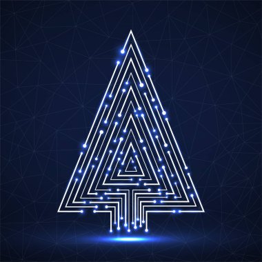 Devre kartından yapılmış soyut teknoloji parlayan Noel ağacı. Vektör illüstrasyonu