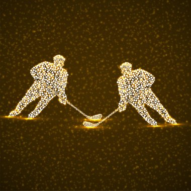 Hokey sopalı iki hokey oyuncusuyla soyut siluet. Vektör illüstrasyonu