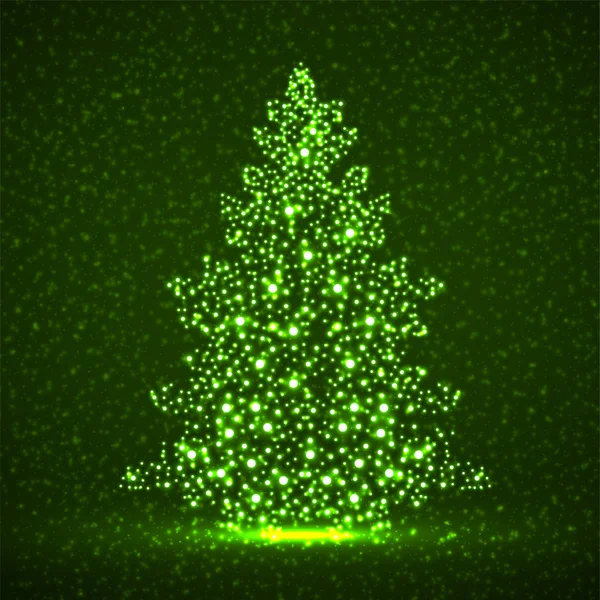 Árbol de Navidad de neón abstracto con partículas brillantes. Ilustración vectorial — Vector de stock