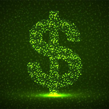 Parlayan parçacıkların soyut dolar işareti. Neon finansal sembolü. İzole vektör illüstrasyonu
