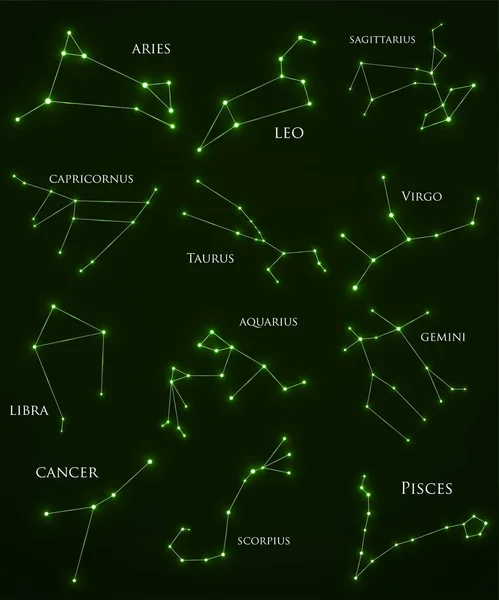 Zestaw konstelacji zodiaku. Zestaw Horoskopów: Baran, Leo, Sagitarius, Koziorożec, Byk, Panna, Waga, Wodnik, Bliźniak, Rak, Skorpion, Ryby. Ilustracja wektora — Wektor stockowy