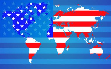Amerika Birleşik Devletleri bayraklı dünya haritası. Vektör illüstrasyonu