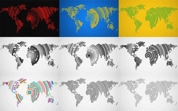 放射状線、技術スタイルの抽象的な世界地図のセット。ベクターイラスト — ストックベクタ