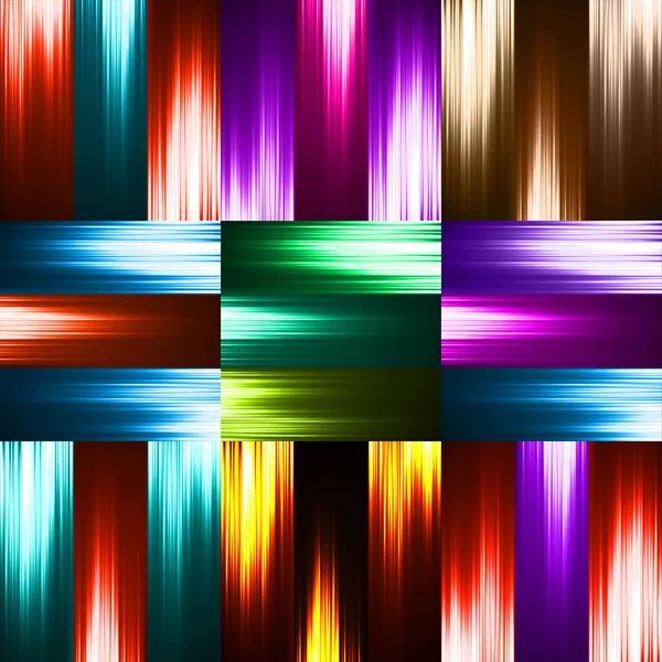 Conjunto de fundos abstratos com linhas brilhantes coloridas, listras de néon. Ilustração vetorial — Vetor de Stock