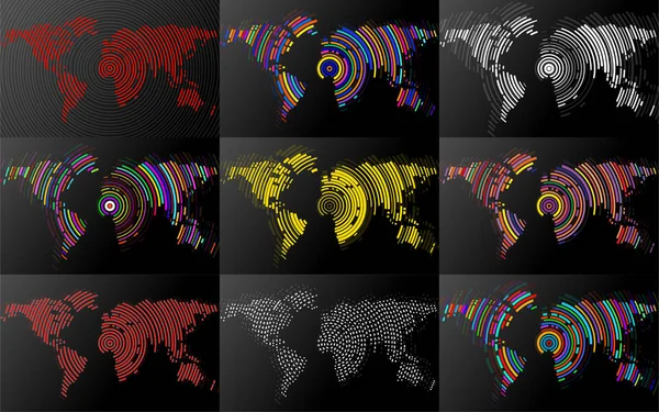 Sada abstraktních světových map s radiálními čarami. Vektorová ilustrace — Stockový vektor