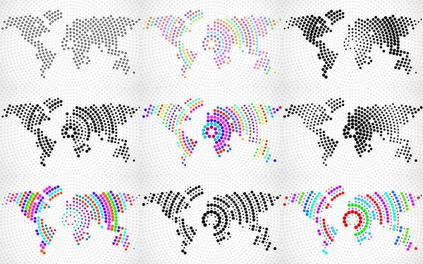 Conjunto de mapas mundiais abstratos com linhas radiais, estilo de tecnologia. Ilustração vetorial — Vetor de Stock