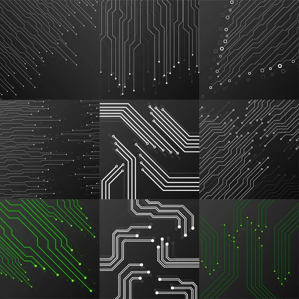 Ensemble de planches d'ircuit sur fond noir. Technologie abstraite, illustration vectorielle — Image vectorielle