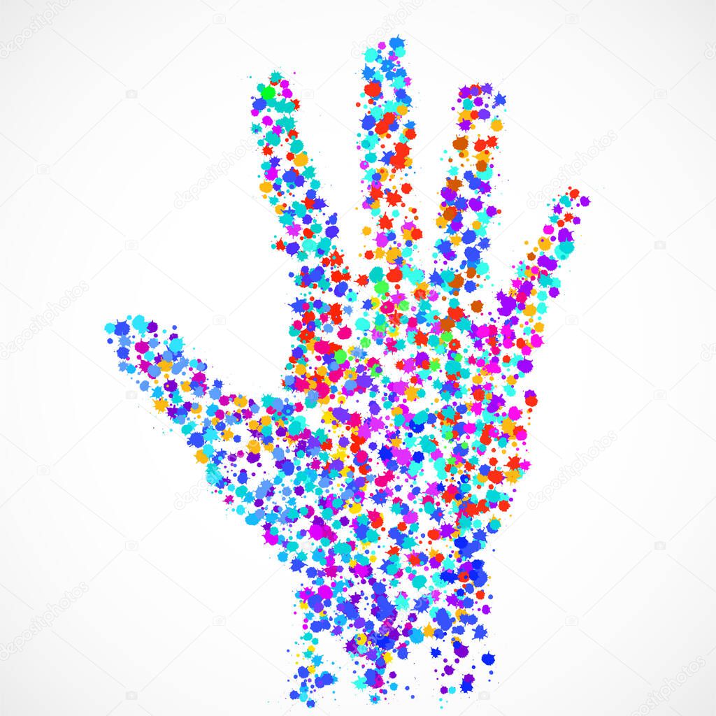 Abstract human hand with colorful ink splashes, grunge splatters