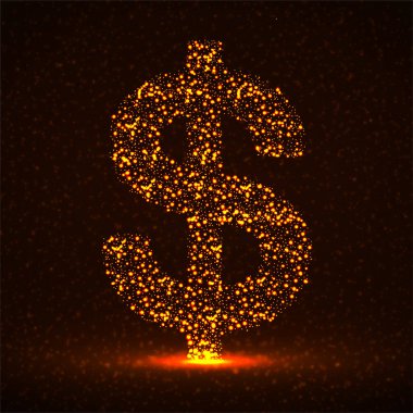 Parlayan parçacıkların soyut dolar işareti. Neon finansal sembolü. İzole vektör illüstrasyonu