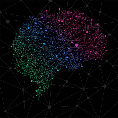 Noktalardan ve çizgilerden oluşan soyut insan beyni, çokgen yapı, vektör illüstrasyonu 10 birim