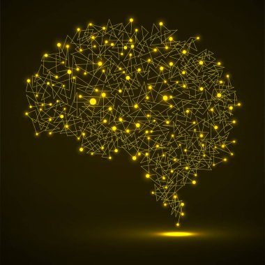 Parlayan nokta ve çizgilerden oluşan soyut insan beyni, çokgen yapı, vektör illüstrasyonu 10 birim
