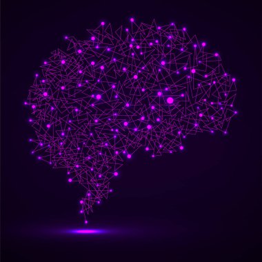 Parlayan nokta ve çizgilerden oluşan soyut insan beyni, çokgen yapı, vektör illüstrasyonu 10 birim