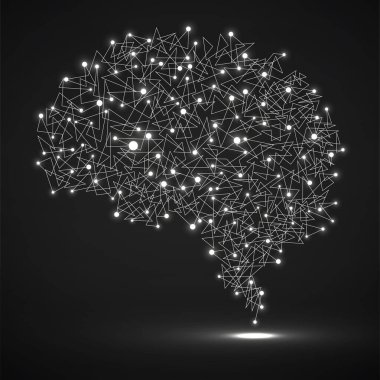 Parlayan nokta ve çizgilerden oluşan soyut insan beyni, çokgen yapı, vektör illüstrasyonu 10 birim