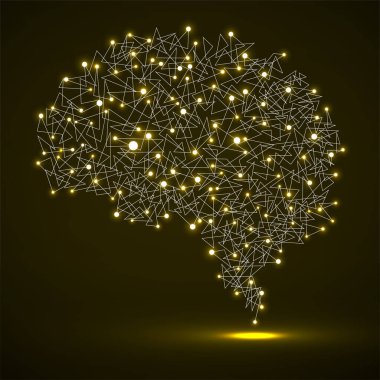 Parlayan nokta ve çizgilerden oluşan soyut insan beyni, çokgen yapı, vektör illüstrasyonu 10 birim