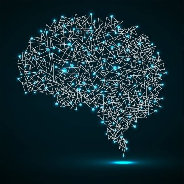 Parlayan nokta ve çizgilerden oluşan soyut insan beyni, çokgen yapı, vektör illüstrasyonu 10 birim