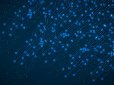 Dijital devre kartı ve teknoloji dokusuyla soyut bir arkaplan. Elektronik anakart. Vektör illüstrasyonu