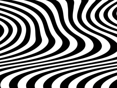Siyah beyaz çizgili, fütürist dalgalı soyut bir arka plan. Geometrik desen. Vektör illüstrasyonu