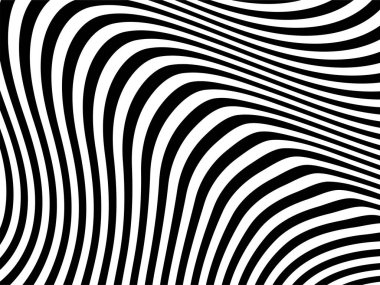 Siyah beyaz çizgili, fütürist dalgalı soyut bir arka plan. Geometrik desen. Vektör illüstrasyonu