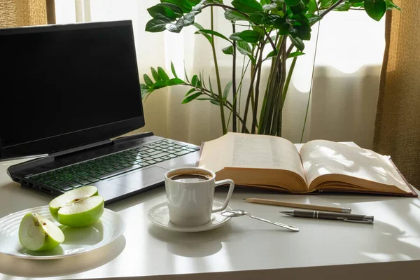 Ein Arbeitsplatz Mit Computer Offenem Buch Einem Apfel Und Einer — Stockfoto