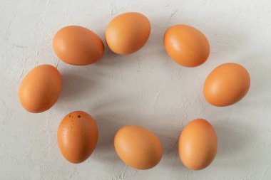 Yumurta kabında tavuk kahverengi taze çiğ yumurta. Yemek yapmak için gerekli malzemeler. Sağlıklı beslenme bir kavramdır. Yatay yönelim, yukarıdan görünüm, kopyalama alanı, seçici odak.