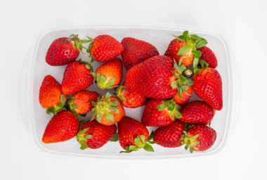 Beyaz arka planda plastik bir kapta taze çilekler.