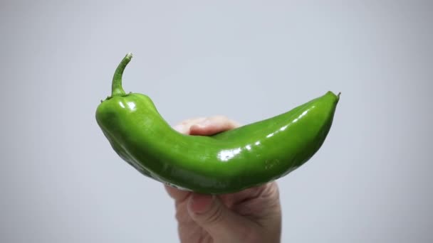 Green Pepper Picked Fingers One Hand White Background — Stock Video