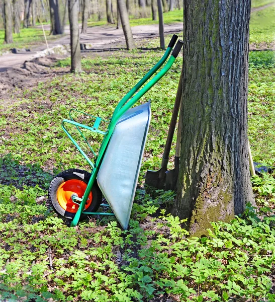 Carretilla de jardín apoyada contra el árbol — Foto de Stock