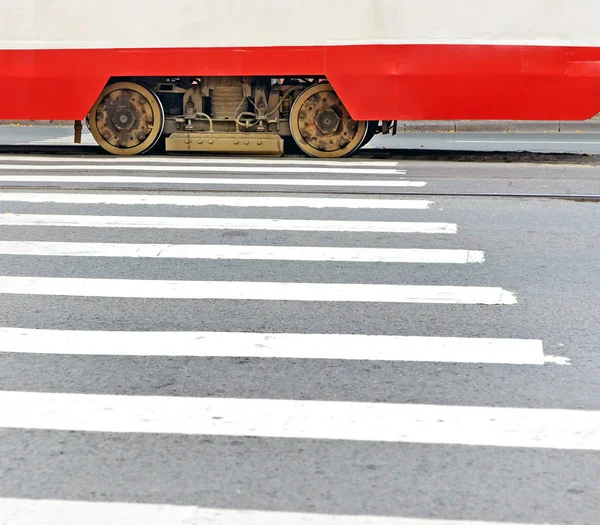 Fragment of the tram moving the crosswalk — Stock Photo, Image