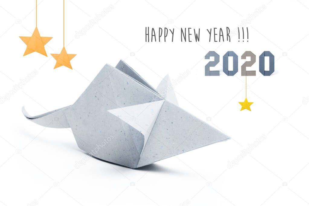 Chinese new year 2020 rat zodiac origami paper silver on white background