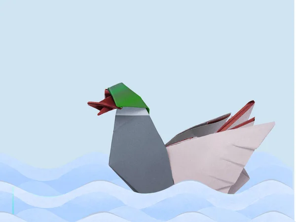 Origami duck drake bird swiming on blue background — Stock Photo, Image