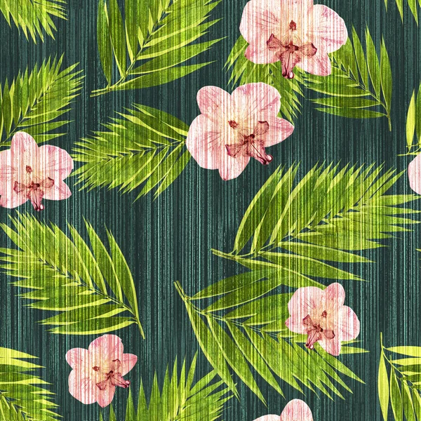 Green tropical palm leaves with orchids pattern on a watercolor background — Stok fotoğraf
