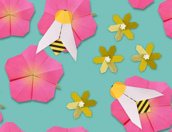 Mavi arka planda çiçek geometrik desenli arılarla kusursuz desen — Stok fotoğraf