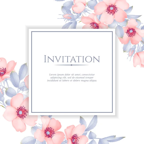 Wedding invitation with wild rose flowers. — Stock Vector