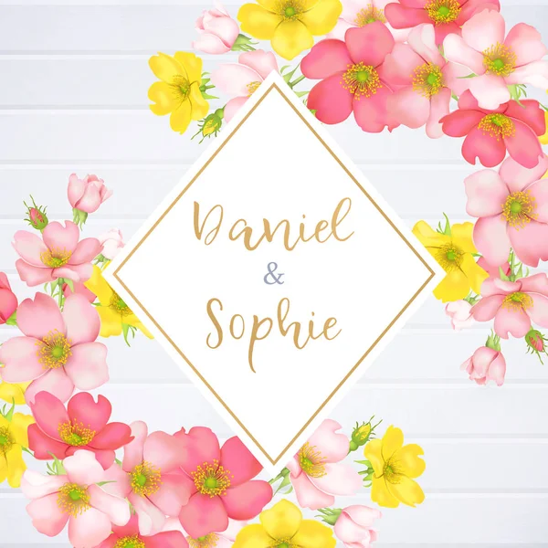Bruiloft uitnodiging met wilde roze bloemen — Stockvector