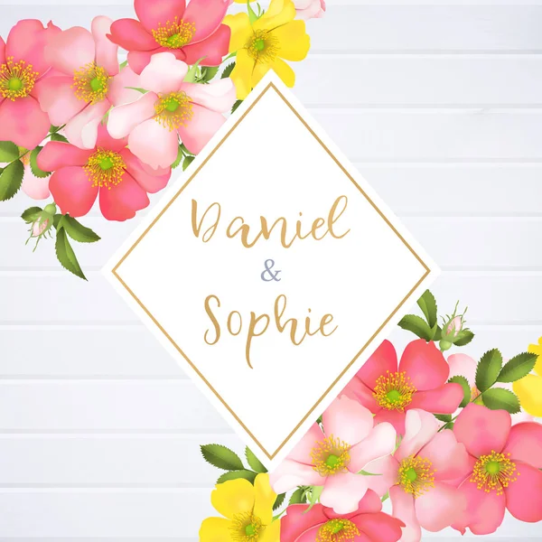 Convite de casamento com flores de rosa selvagens — Vetor de Stock