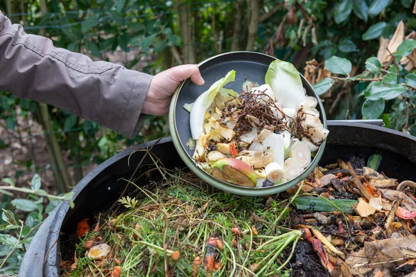 台所廃棄物と堆肥を投げる女性 — ストック写真