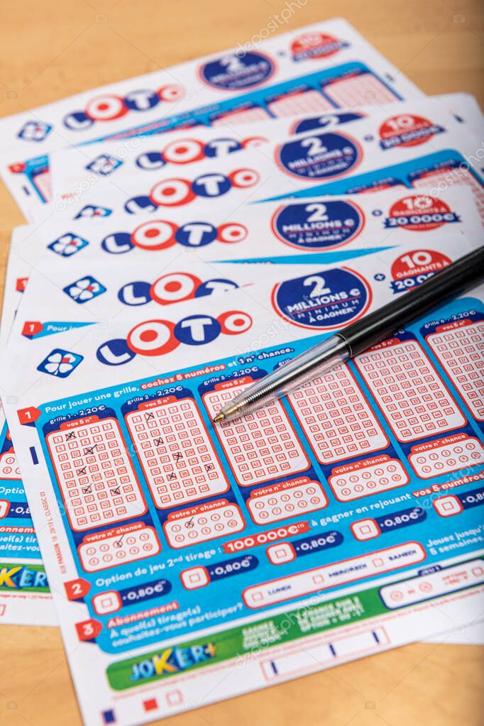 Paris, France -  November 21, 2019 : Closeup of french grids of lotto, from the society FDJ  (La francaise des jeux)