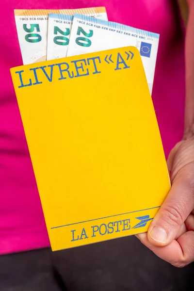 Paris França Janeiro 2020 Livret Laposte Livro Poupança Postal Mão — Fotografia de Stock