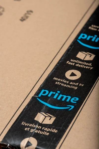 Paris France February 2020 Amazon Prime Logotype Printed Cardboard Box — Zdjęcie stockowe