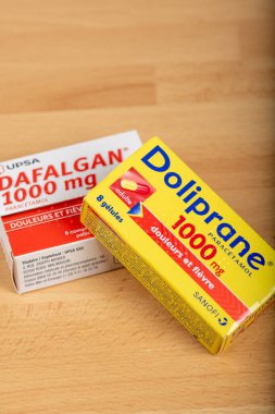 Paris, France - January 2020 : Boxes of Doliprane and Dafalgan, a paracetamol-based analgesic commonly used for pain and headaches.