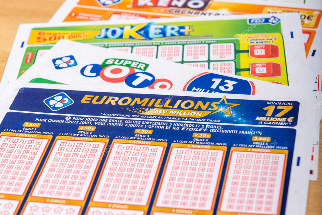 Paris, France -  November 20, 2019 : Closeup of french grids of lotto , Euromillions, Keno, Joker+  from the society FDJ  (La francaise des jeux)