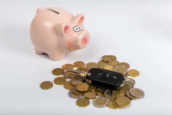 Miniaturauto Modell Und Kontoauszug Mit Münzen Finanzierung Und Autokredit Sparen — Stockfoto