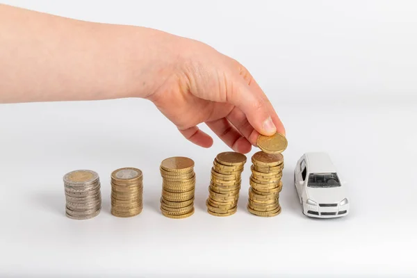 Miniature car model and Financial statement with coins. Finance and car loan, saving money for a car or material design concepts.