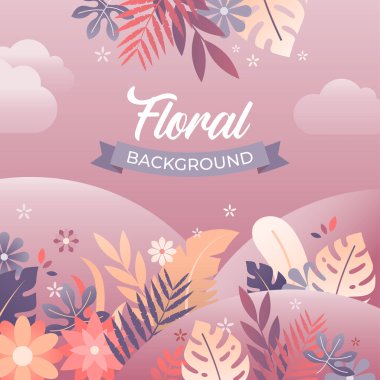 Vector illustration of floral background with flowers and leaves in trendy flat style with bright vibrant gradient colors and text space designed for banner, poster, greeting card and invitation card clipart