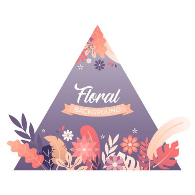 Çiçek ve yapraklı çiçek arkaplanının parlak renkler ve afiş, poster, tebrik kartı ve davetiye kartı için tasarlanmış metin alanına sahip modaya uygun düz bir şekilde vektör çizimi