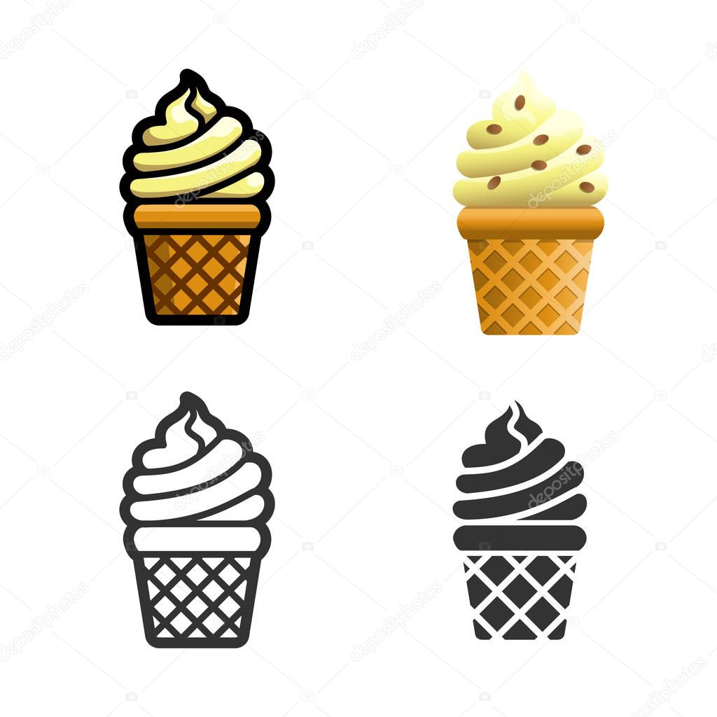 Ice cream vector cartoon, colored, contour and silhouette styles icon set. Tasty cool sweet meal. Isolated dishes on white background.